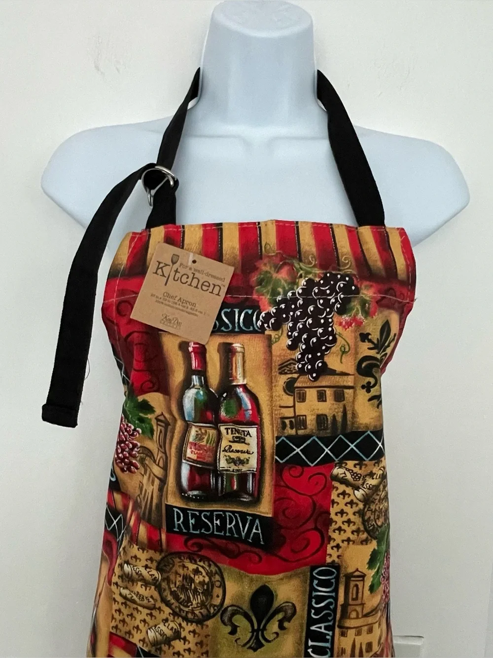 NWT Kay Dee Designs Chef Apron with Wine Bottle Print - Red, Tan, Green